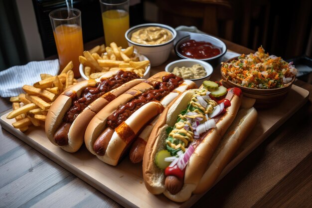 Plato de perritos calientes y todos los acompañamientos listos para ser disfrutados por personas hambrientas