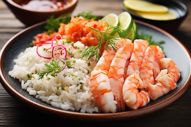 Foto plato peruano de cebiche y arroz de mariscos