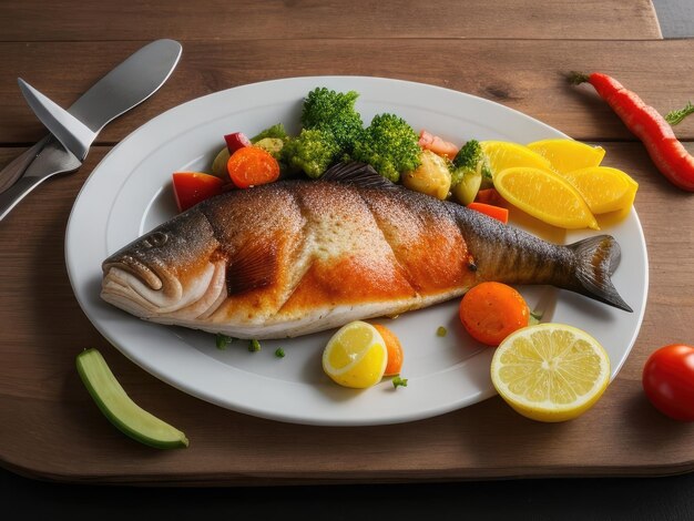 Foto un plato de un pescado asado muy delicioso