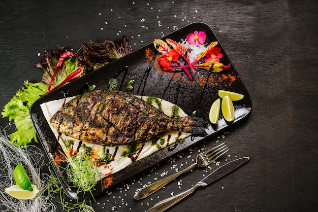 Un plato con pescado asado sobre fondo negro