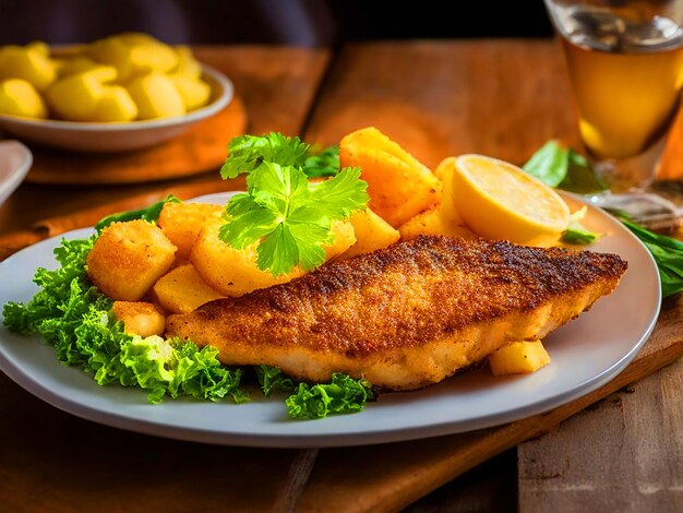 Foto un plato de pescado frito con ensalada y patatas cocidas en rodajas en una mesa de restaurante