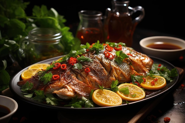 un plato de pescado frito con salsa fotografía de comida publicitaria profesional