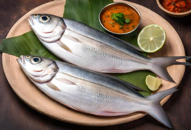 Foto un plato de pescado con una hoja verde en él