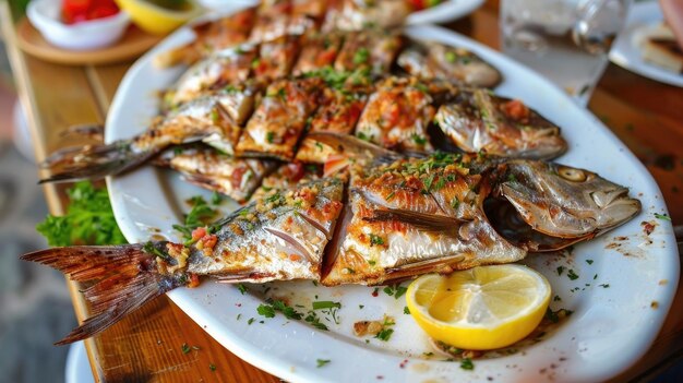 un plato de pescado con limón y perejil