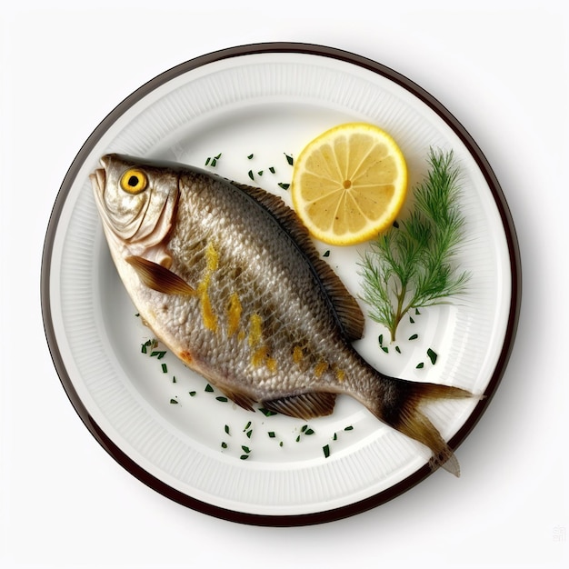 Un plato de pescado y un limón sobre un fondo blanco.