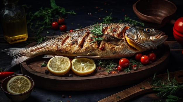 Un plato de pescado con limones y tomates sobre un fondo negro