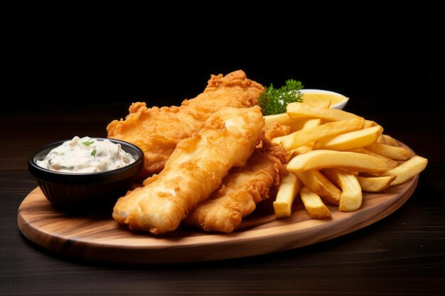 Foto plato de pescado y papas fritas en una cocina mínima comida casera o para llevar comida tradicional típica británica