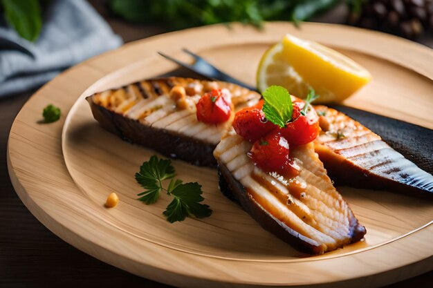 Un plato de pescado a la parrilla con tomates y limones