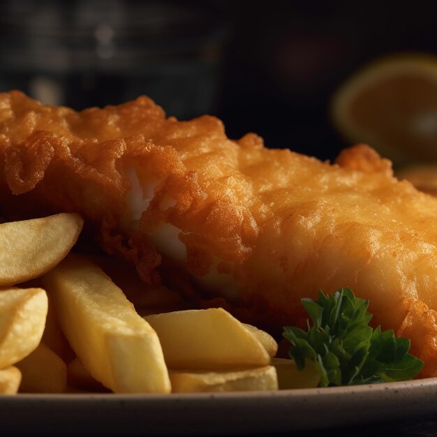 Un plato de pescado y patatas fritas con una rodaja de limón al lado