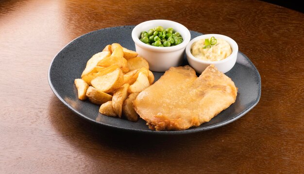 Plato de pescado y patatas fritas con rodajas de pescado frito y primer plano de mesa de pub con salsa tártara y guisantes verdes en el retrato de vista superior