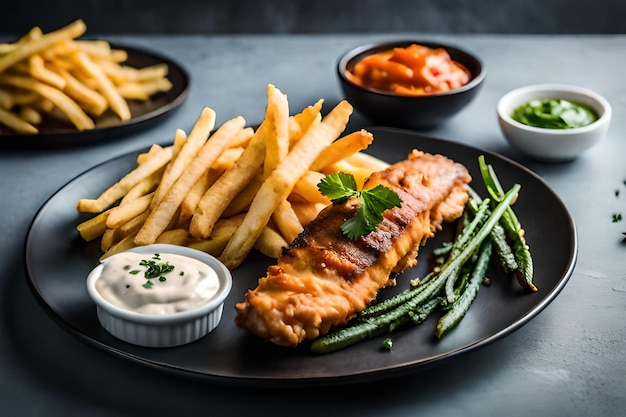 Un plato de pescado y patatas fritas con salsas y salsas