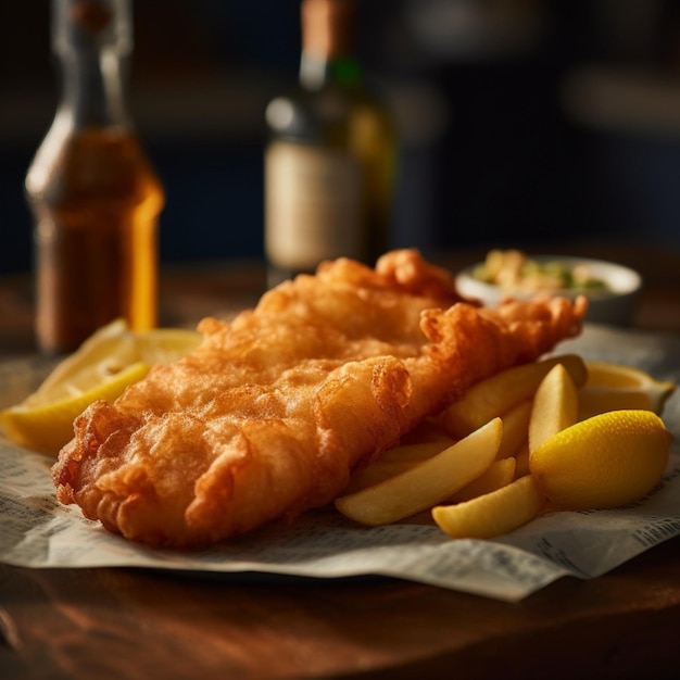 Un plato de pescado y patatas fritas