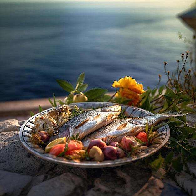 Un plato de pescado y un plato de pescado en una repisa de piedra