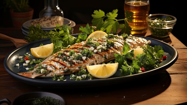 un plato de pescado con rodajas de limón