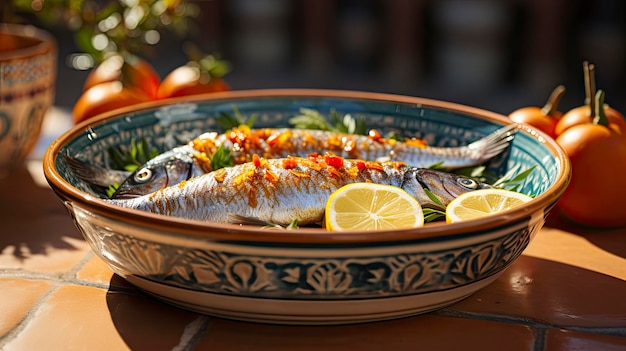 un plato de pescado con rodajas de limón