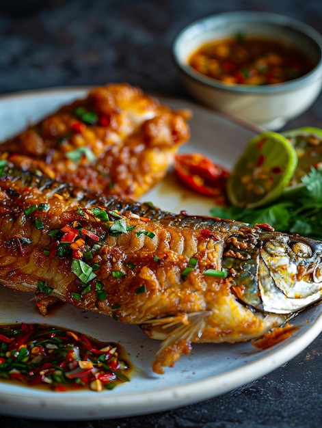 Un plato de pescado con salsa y guarnición