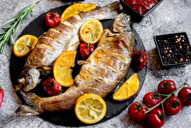 Un plato de pescado con tomates y salsas