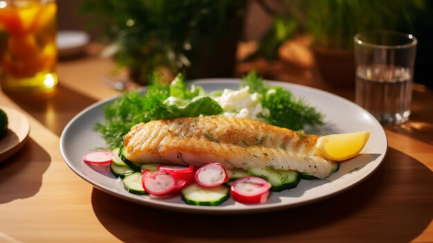 un plato de pescado y verduras en una mesa