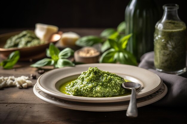 Un plato de pesto con una cuchara y un tarro de albahaca al lado.