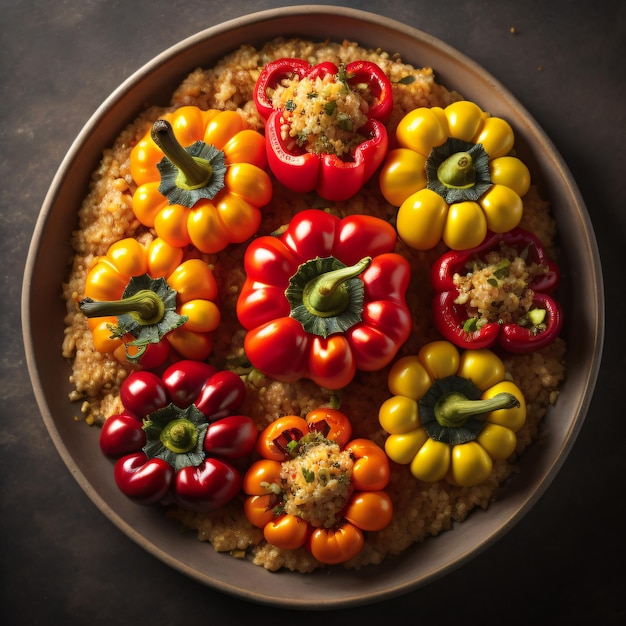 Un plato de pimientos amarillos y rojos con un pimiento verde en la parte superior.