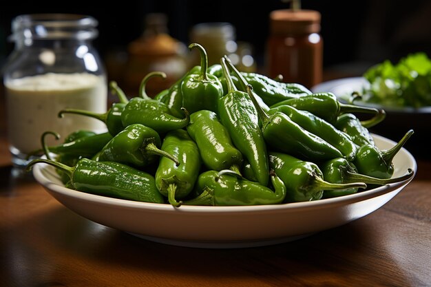 Foto un plato de pimientos jalapeno se sienta en una mesa con un cuenco de salsa ar c