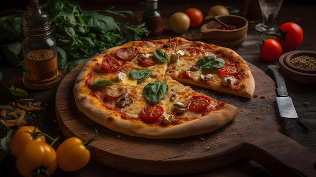 Plato de pizza en una mesa de madera ai generativo