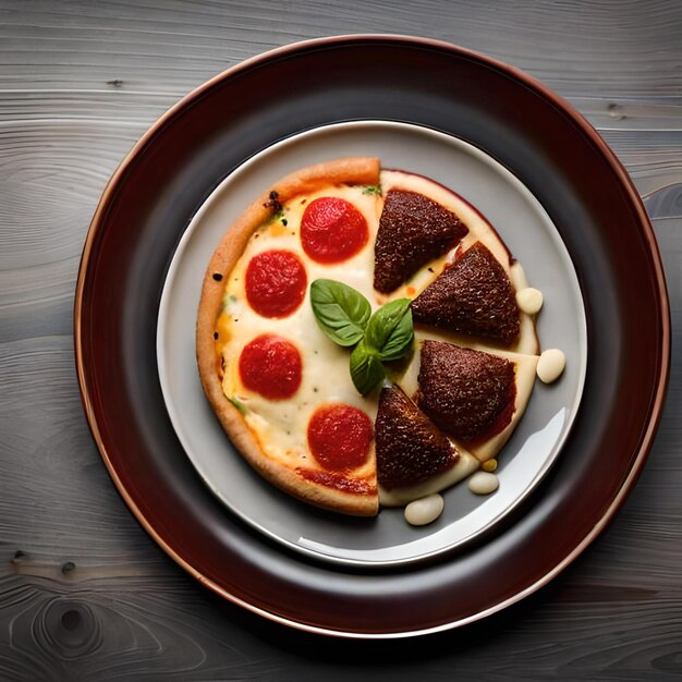 Un plato con una pizza y una rebanada de pizza de queso.