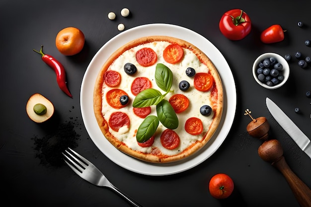 Un plato de pizza con topping de tomate y albahaca.