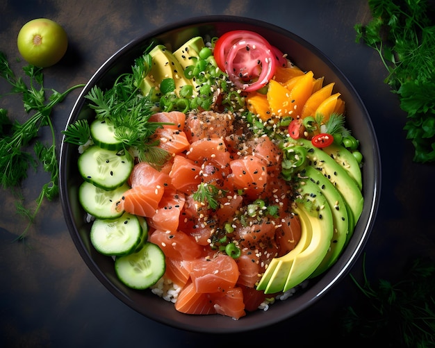 Un plato de poke bowl colorido y nutritivo con salmón fresco y verduras IA generativa