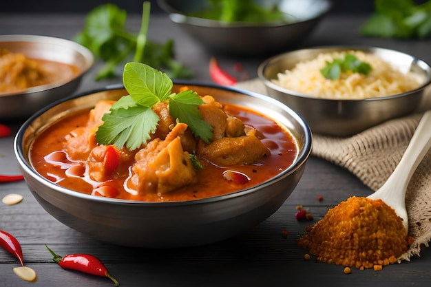 Un plato de pollo al curry con arroz y cilantro al lado