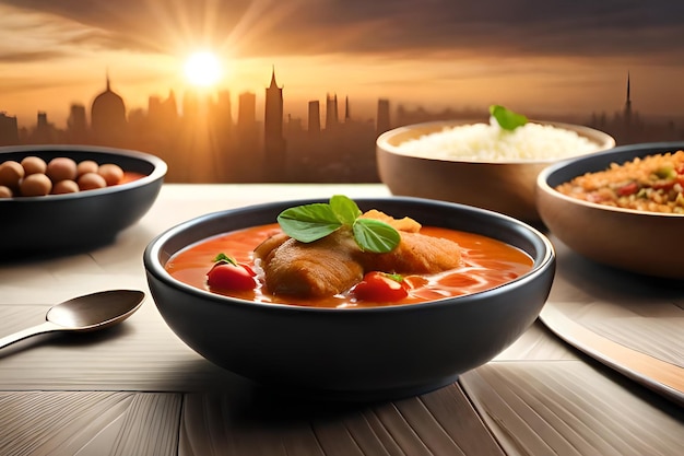 Un plato de pollo al curry con arroz en una mesa con una ciudad al fondo