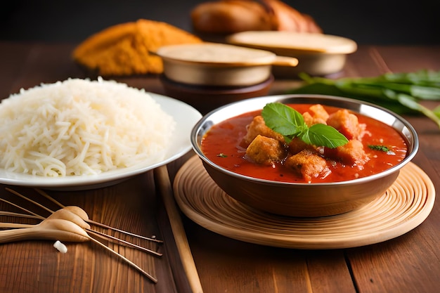 Un plato de pollo al curry con arroz y un plato de comida sobre una mesa de madera.