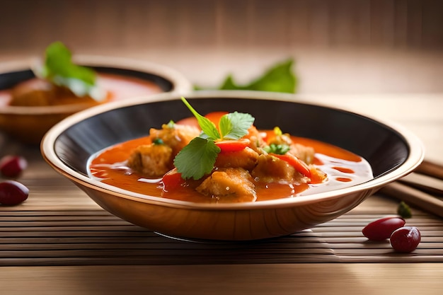 Un plato de pollo al curry con cilantro al lado