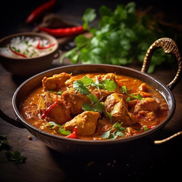 un plato de pollo al curry con una cuchara y unas pinzas.