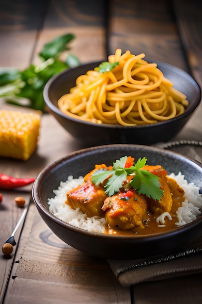 Un plato de pollo al curry con fideos y un plato de chili