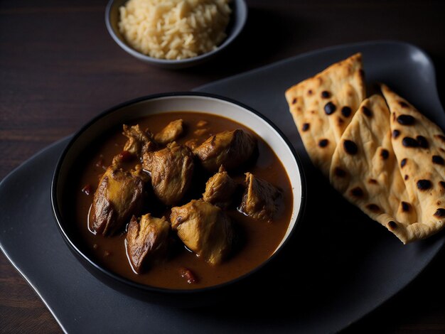 Un plato de pollo al curry con pan naan en un plato.