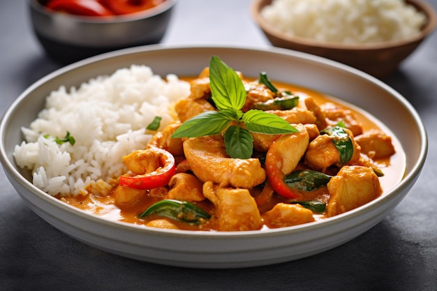 Un plato de pollo al curry tailandés con arroz y hojas de albahaca