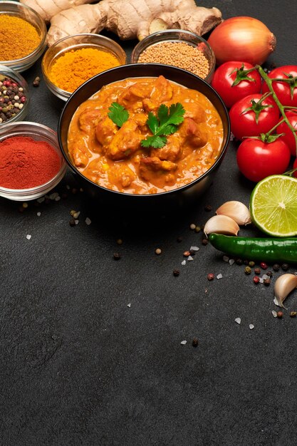 Plato de pollo al curry tradicional y especias en mesa oscura