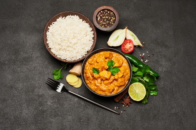 Plato de pollo al curry tradicional y especias en mesa oscura