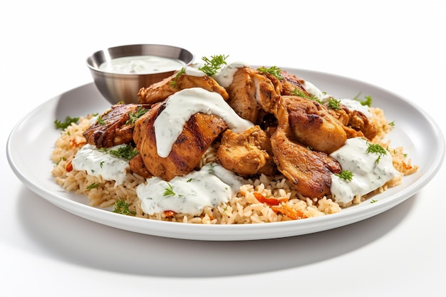 Un plato de pollo y arroz con un bol de salsa de yogur.