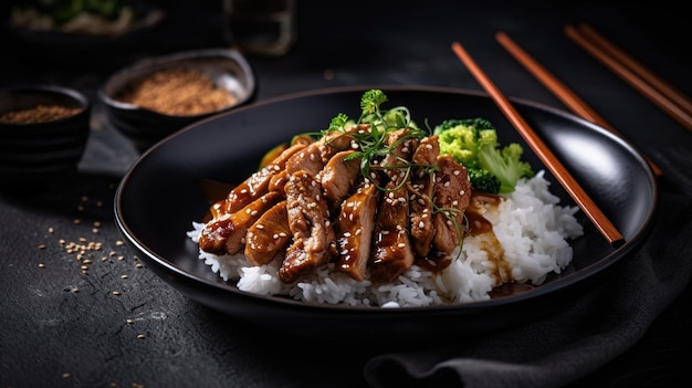 Un plato de pollo con arroz y brócoli al lado