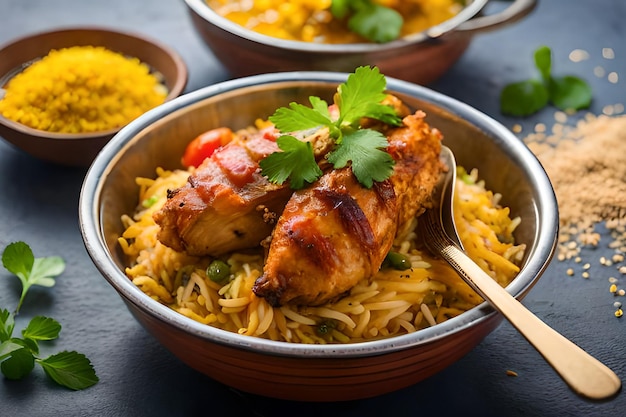 Un plato de pollo y arroz con una cuchara.