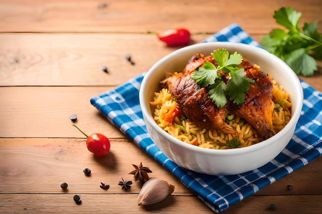 Un plato de pollo con arroz y especias sobre un paño azul.