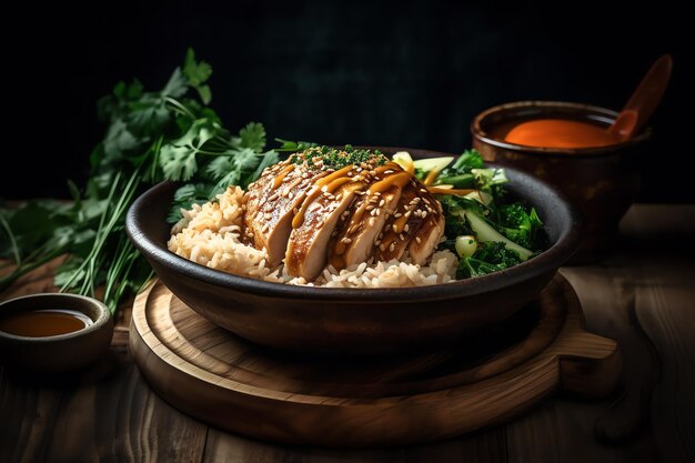 Un plato de pollo con arroz y pepino en una mesa de madera