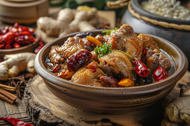 Un plato de pollo asado chino con ginseng y sorgo en la mesa