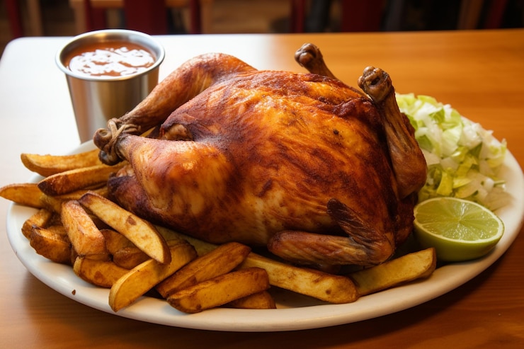 Foto un plato de pollo a la brasa con pollo asado crujiente