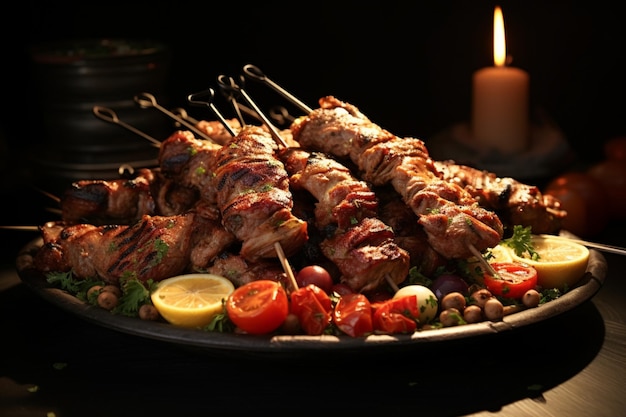 Un plato de pollo y carne de cordero libanés Shish Taouk