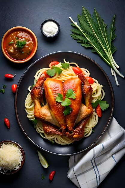 Un plato de pollo con espagueti y salsa.