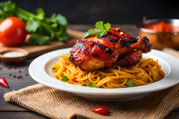 Un plato de pollo con espaguetis y perejil encima