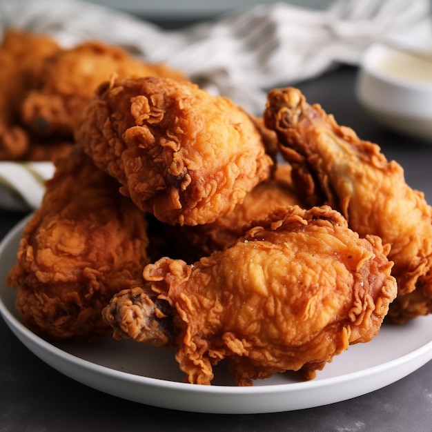 Un plato de pollo frito con aderezo ranch a un lado.